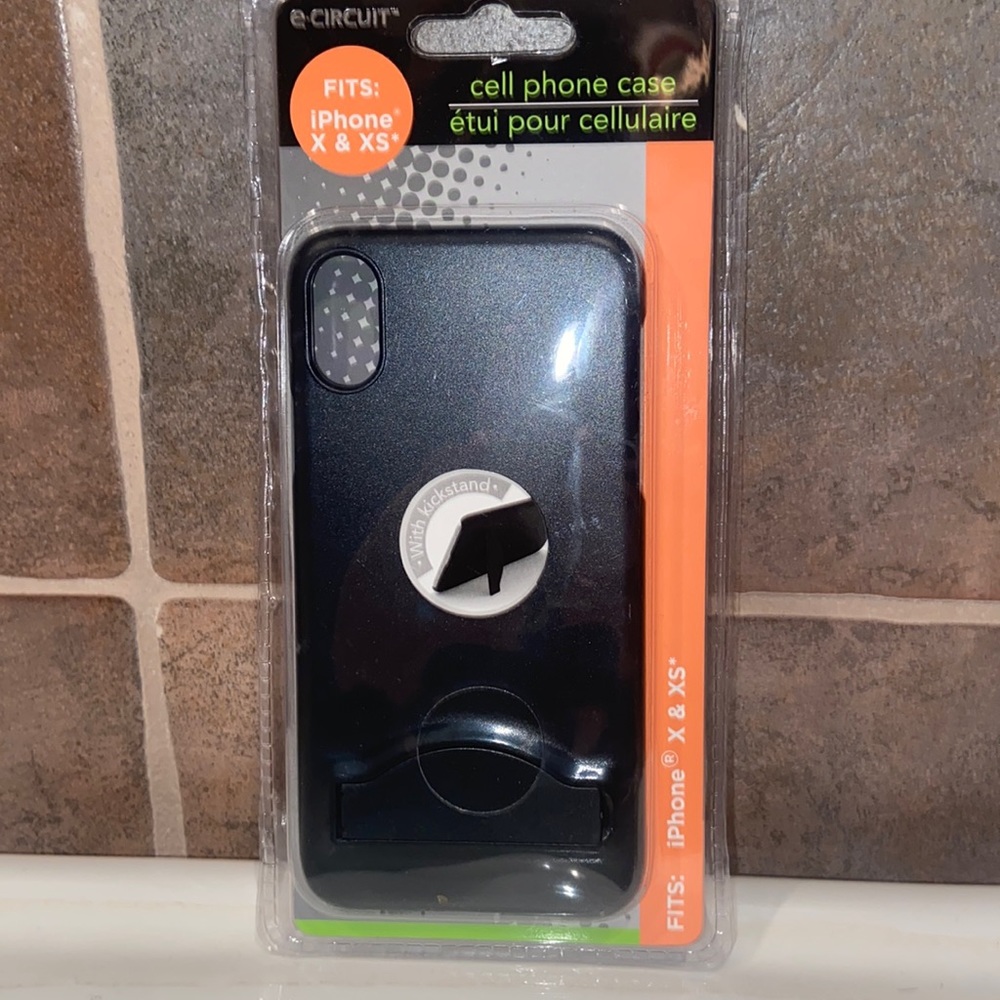 Brand new black cell phone case fits iPhone X and XS with a kickstand